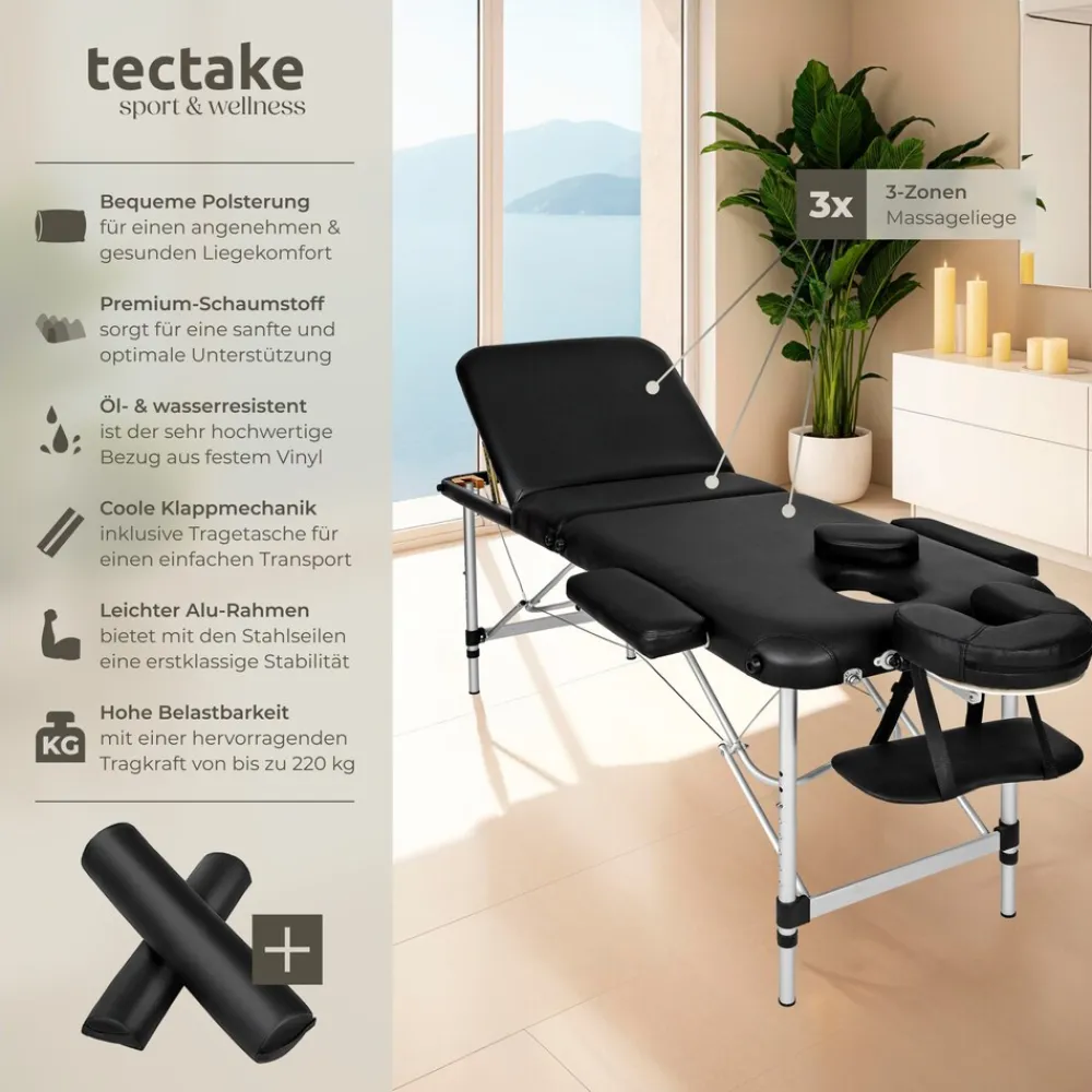 TecTake ® 3 Zonen Massageliege-Set, Breite 60 cm, Polsterung 5 cm, mit Aluminiumgestell, 210 x 95 x 89 cm schwarz New