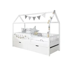 Hausbett "Traumhaus" mit 2er Schubkästen Kiefer Weiß ^ TICAA Best