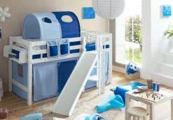 Hochbett mit Rutsche Podestbett "Tino" Buche Weiß Classic, teilbar mit Farbauswahl ^ TICAA Clearance