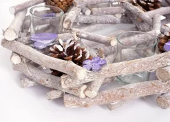 Tischkranz rund mit Teelichthaltern, Adventskranz Weihnachtsdeko Adventsgesteck, Holz Ø 30cm lila-grau ^ MCW Best