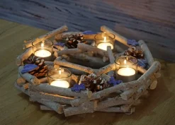 Tischkranz rund mit Teelichthaltern, Adventskranz Weihnachtsdeko Adventsgesteck, Holz Ø 30cm lila-grau ^ MCW Best