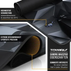 Titanwolf Gaming Mauspad, 900 x 400mm XXL Mousepad, verbessert Präzision & Geschwindigkeit, Black Crystal Hot