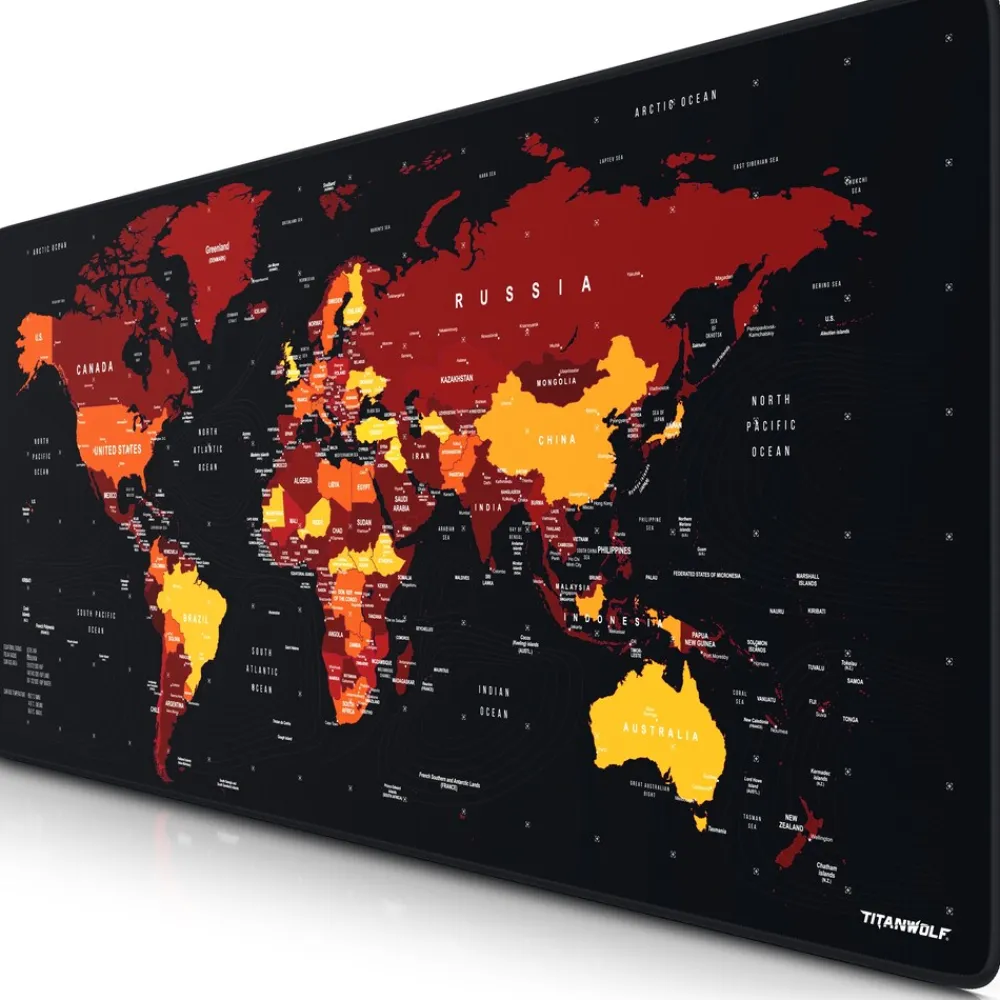 Titanwolf Gaming Mauspad XXL, glattes Stoffgewebe, Speed Mousepad 900 x 400mm große Fläche, Weltkarte rot New