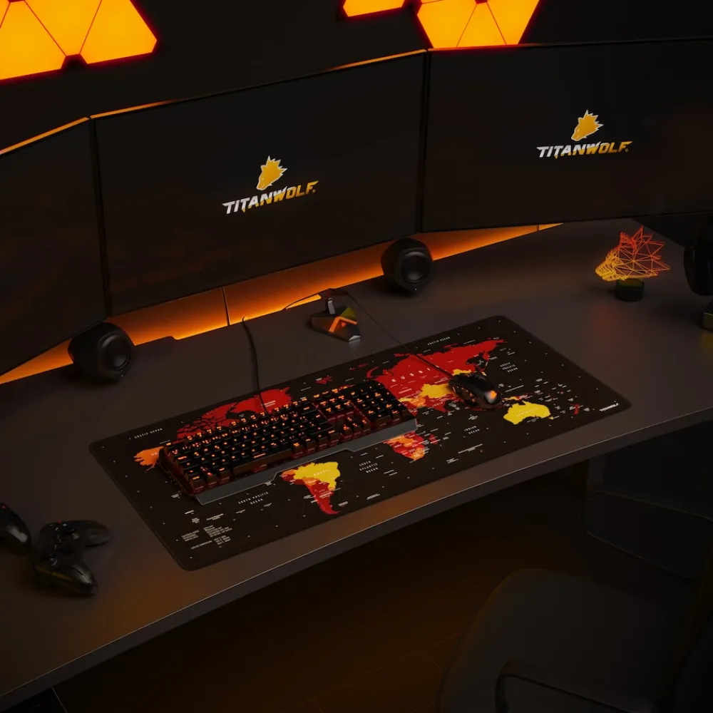 Titanwolf Gaming Mauspad XXL, glattes Stoffgewebe, Speed Mousepad 900 x 400mm große Fläche, Weltkarte rot New
