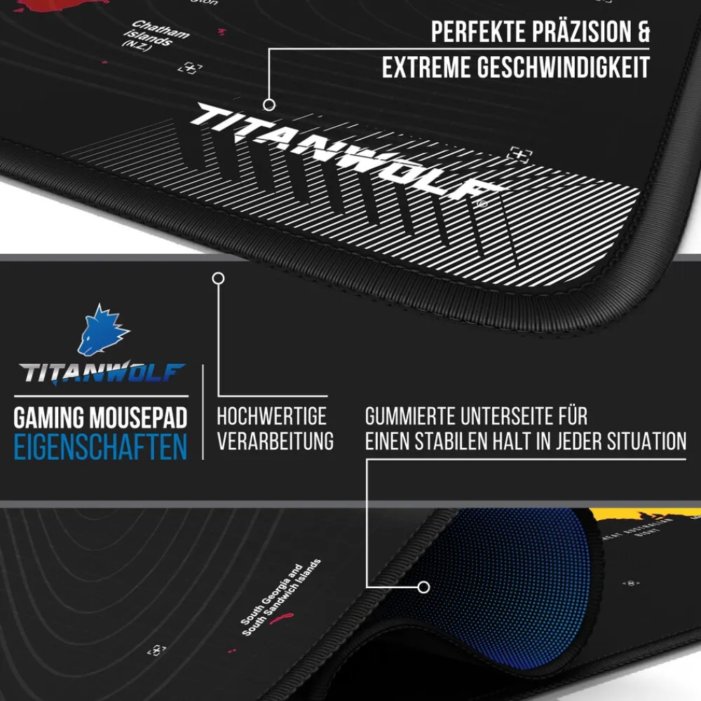 Titanwolf Gaming Mauspad XXL, glattes Stoffgewebe, Speed Mousepad 900 x 400mm große Fläche, Weltkarte rot New