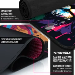 XXL Speed Gaming Mauspad Schwarz 900 x 400mm, XXL Mousepad, Tischunterlage Large Size, verbessert Präzision und Geschwindigkeit ^ Titanwolf Best