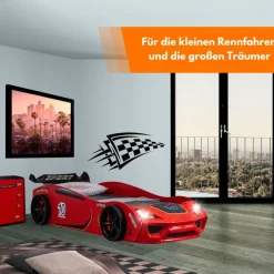 TRAUMMÖBEL Autobett TURBO V2 Rot Kinderbett im Rennwagen-Design mit Lattenrost ^ TrauM-Möbel Online