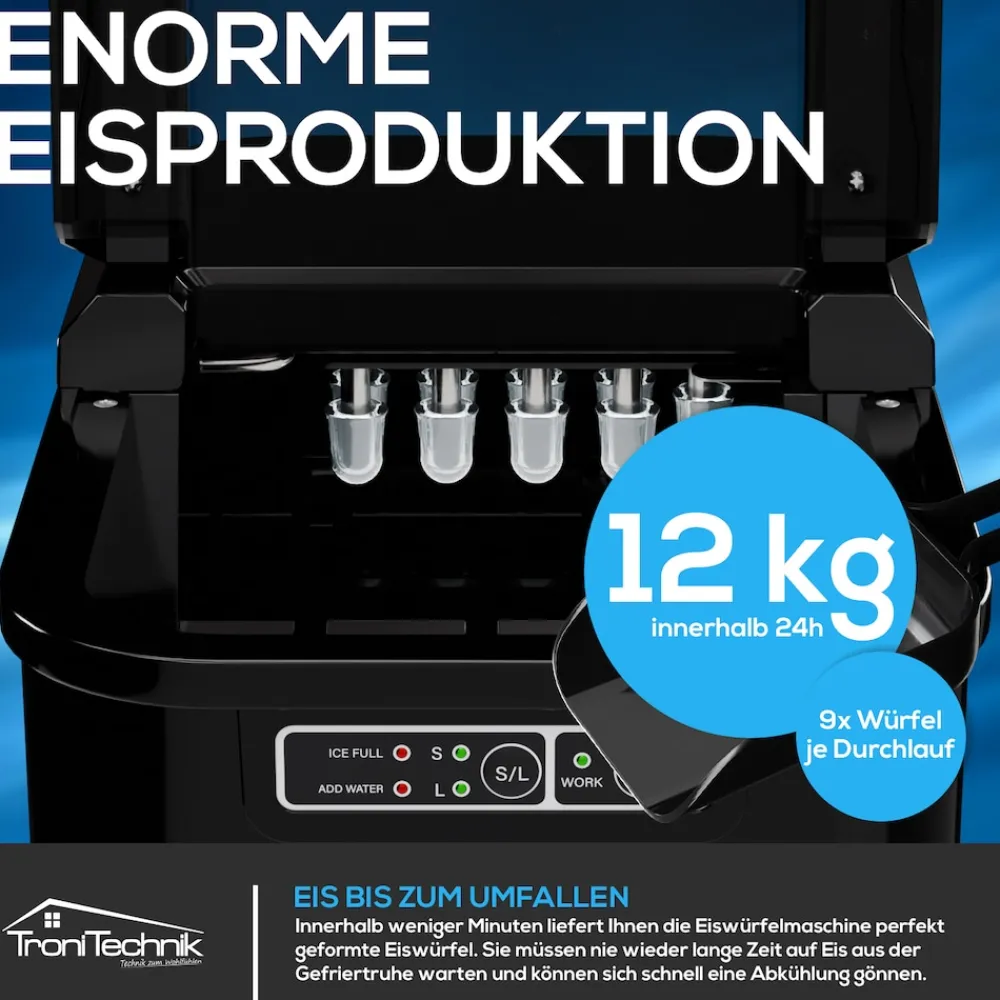 ® Eiswürfelmaschine Eiswürfelbereiter, Ice Maker, 12kg/24h, 2,2 Liter Wassertank, 2 Größen, Selbstreinigung, schwarz ^ Tronitechnik