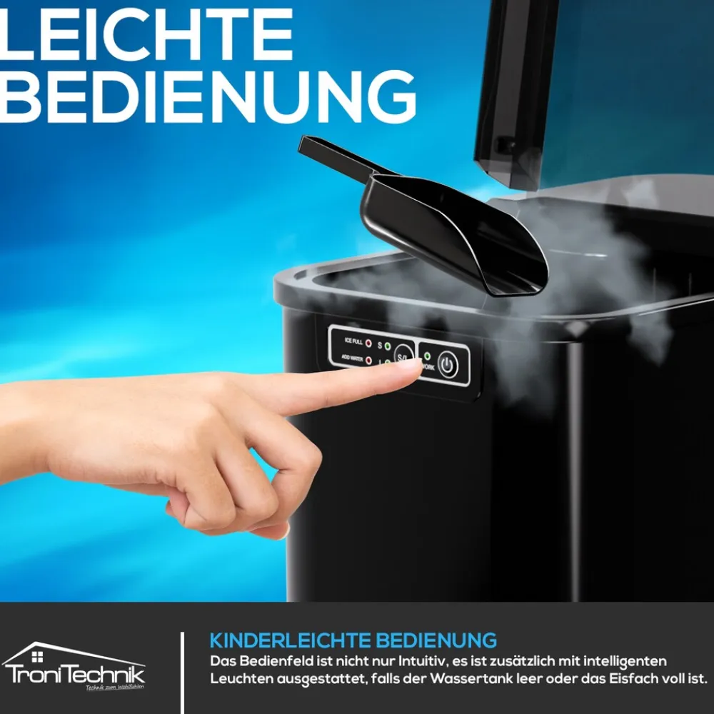 ® Eiswürfelmaschine Eiswürfelbereiter, Ice Maker, 12kg/24h, 2,2 Liter Wassertank, 2 Größen, Selbstreinigung, schwarz ^ Tronitechnik