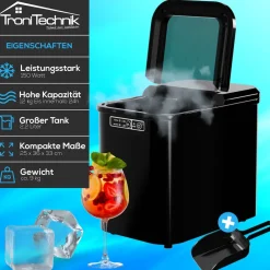 ® Eiswürfelmaschine Eiswürfelbereiter, Ice Maker, 12kg/24h, 2,2 Liter Wassertank, 2 Größen, Selbstreinigung, schwarz ^ Tronitechnik