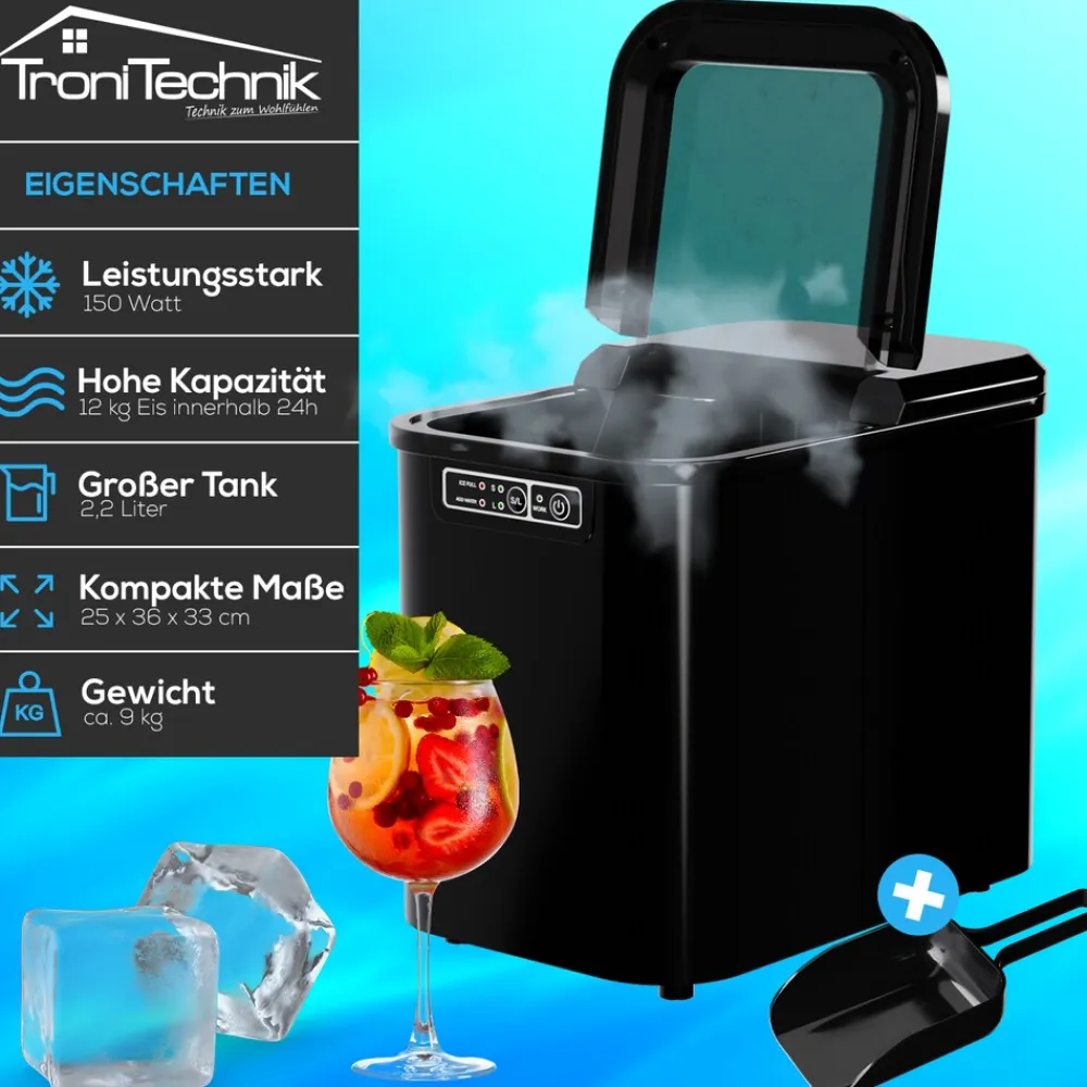 ® Eiswürfelmaschine Eiswürfelbereiter, Ice Maker, 12kg/24h, 2,2 Liter Wassertank, 2 Größen, Selbstreinigung, schwarz ^ Tronitechnik