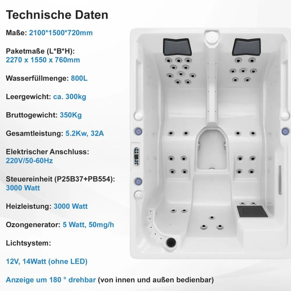 ® Outdoor Whirlpool Spa ELBA 210cm x 150cm mit Heizung, Hydromassage, Sanitäracryl, Farblicht ^ Tronitechnik Outlet