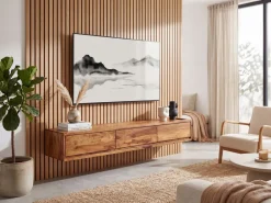 Finebuy TV-Board Kommode 160cm hängend Sheesham Massivholz TV Lowboard mit 3 Schubladen Best
