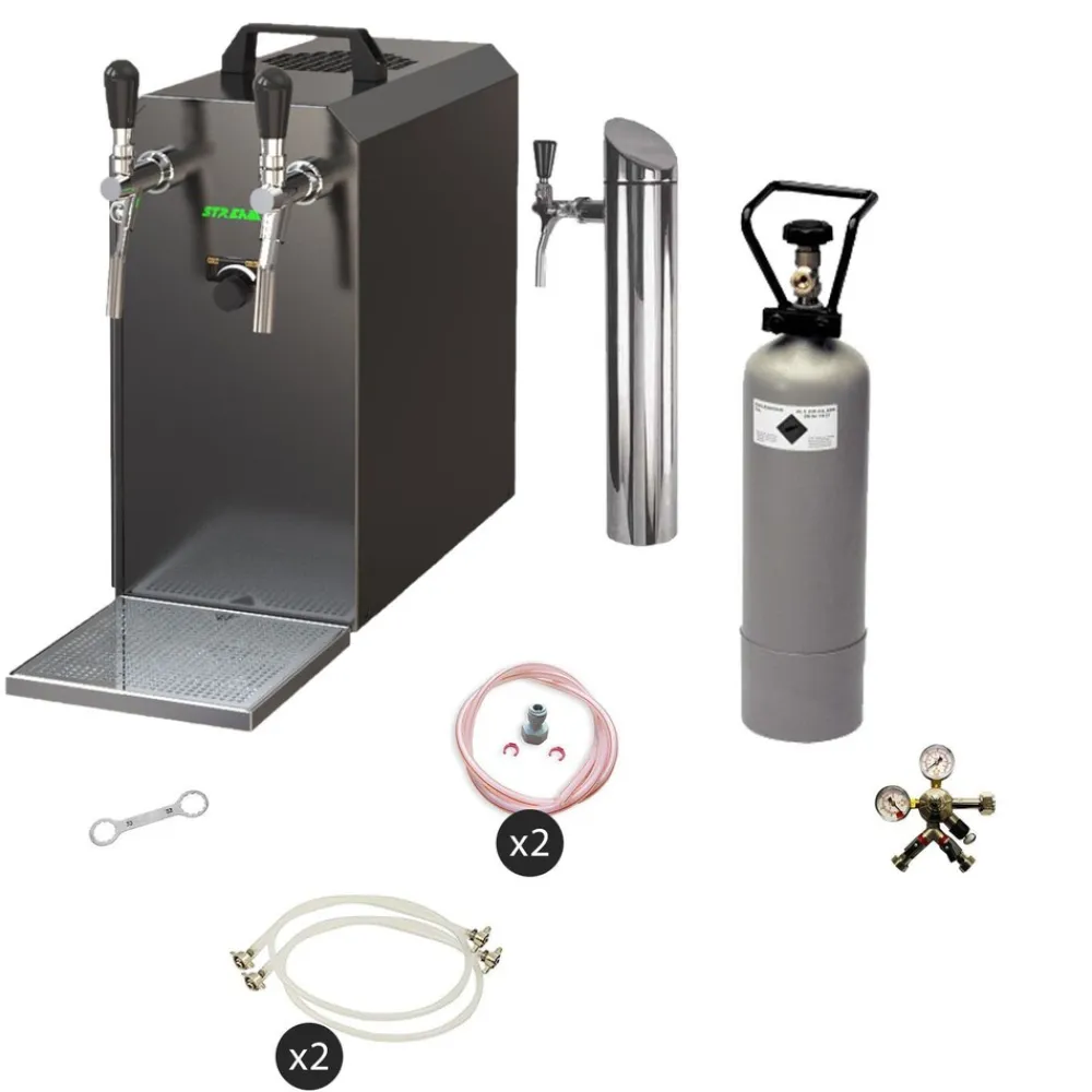 ich-zapfe Untertheken Komplett Set - Zapfanlage, Bierzapfanlage STREAM 50 Bierkoffer, Durchlaufkühler 2-leitig Trockenkühler, bis zu 55 Liter/h - BLACK EDITION, Zapfkopf:ohne,Zapfkopf 2:Korb Clearance