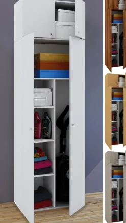 Besenschrank | 6 Fächer | Maße B. 70 x  H. 238 x T. 40 cm | Haushaltsschrank | Mehrzweckschrank | Aufsatz mit zwei Türen - Vandol ^ VCM Online