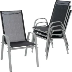 VCM 4er Set Gartenstuhl Stapelstuhl Balkonstuhl Hochlehner | / Rhamen grau | stappelbar | Maße H. 93 x B. 55 x T. 58 cm Schwarz New