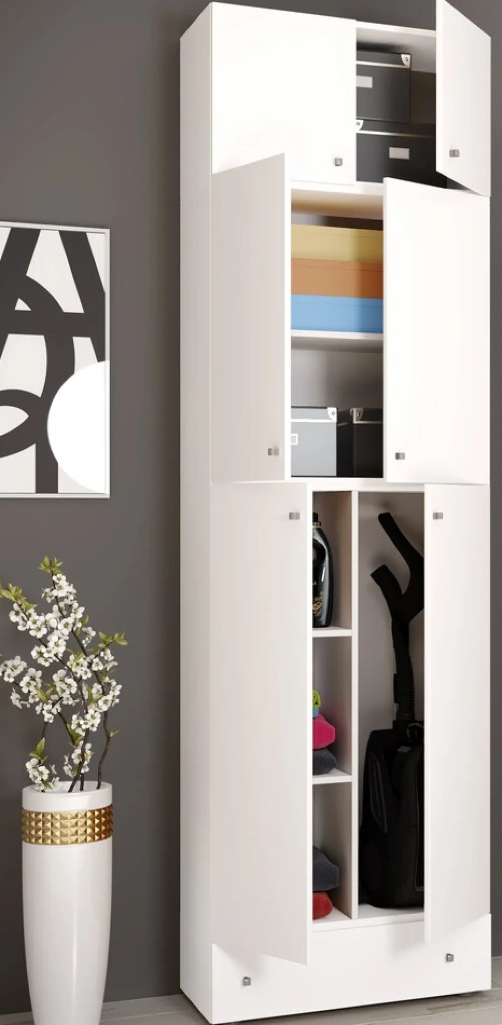 Holz Besenschrank | 6 Fächer | Maße: H. 240 x B. 70 x T. 39 cm | Haushaltsschrank | Mehrzweckschrank | Aufsatz mit 2 Türen | Extra Schublade - Lona ^ VCM Outlet