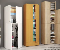 Holz Besenschrank | 6 Fächer | Maße: H. 240 x B. 70 x T. 39 cm | Haushaltsschrank | Mehrzweckschrank | Aufsatz mit 2 Türen | Extra Schublade - Lona ^ VCM Outlet