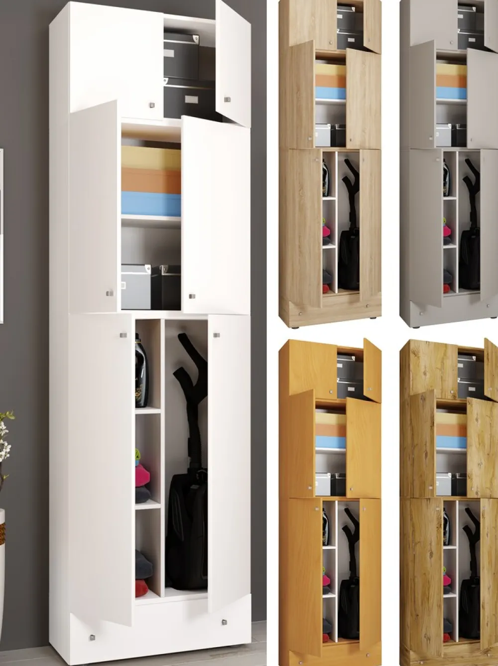 Holz Besenschrank | 6 Fächer | Maße: H. 240 x B. 70 x T. 39 cm | Haushaltsschrank | Mehrzweckschrank | Aufsatz mit 2 Türen | Extra Schublade - Lona ^ VCM Outlet