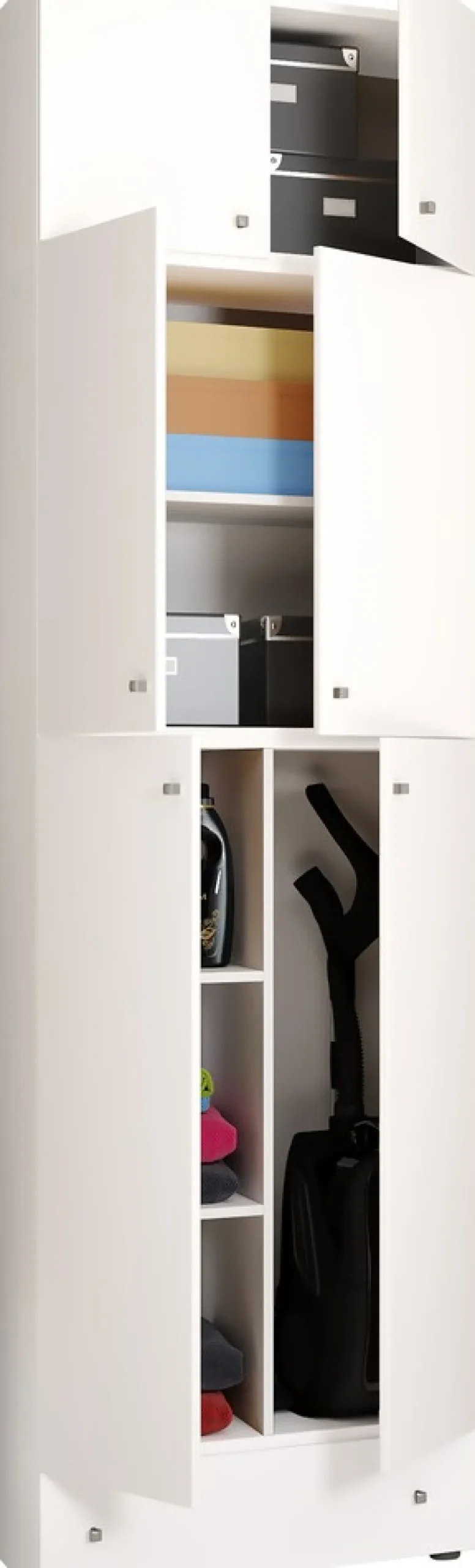 Holz Besenschrank | 6 Fächer | Maße: H. 240 x B. 70 x T. 39 cm | Haushaltsschrank | Mehrzweckschrank | Aufsatz mit 2 Türen | Extra Schublade - Lona ^ VCM Outlet