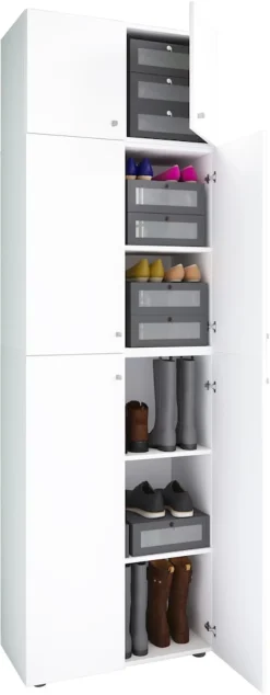 Holz-Schuhschrank | Maße: H. 223 x B. 70 x T. 39 cm| Allzweckschrank | 5 Fächer | 4 Drehtüren | Aufsatz mit 2 Türen– Lona ^ VCM Hot