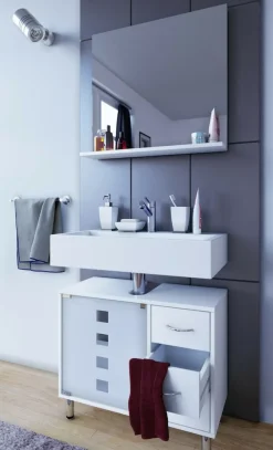 Holz Waschbeckenunterschrank | Badschrank | Maße: H. 58 x B. 67 x T. 30 cm | 1 ESG-Sicherheitsglastür | 3 Schubladen | modernes Badezimmermöbel - Darola ^ VCM Clearance