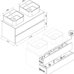 VCM 4-tlg. Doppelwaschtisch Cosila mit 2 Keramikbecken – Badschrank  H. 51 x B. 111 x T. 51 cm mit 2 Softclose-Schubladen, Spiegelschrank mit Beleuchtung & Steckdose, Waschplatz Set Cosila-A Weiß / Honig-Eiche Outlet