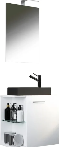 VCM 3-tlg Set | Waschplatz für Gäste WC | Gästebad | Waschtisch mit Spiegel | Badezimmer Set – Hausa SP-BL Weiß Discount