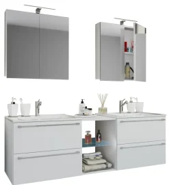 3-tlg. Set | 2 Waschtisch, 2 Spiegelschrank, 2 Waschbecken, 1 Mittelfach | Keramik Waschbecken | Unterschrank 155 cm | Badmöbel Set Doppel Waschplatz - Badinos XXL ^ VCM
