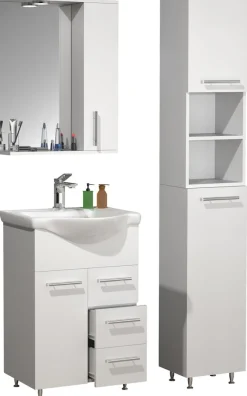 VCM 4-tlg. Waschplatz | Waschtisch Unterschrank 55 cm | Badmöbel Set mit Waschbecken Hochschrank Spiegelschrank | Schublade | Komplettset Lisalo L weiß Clearance
