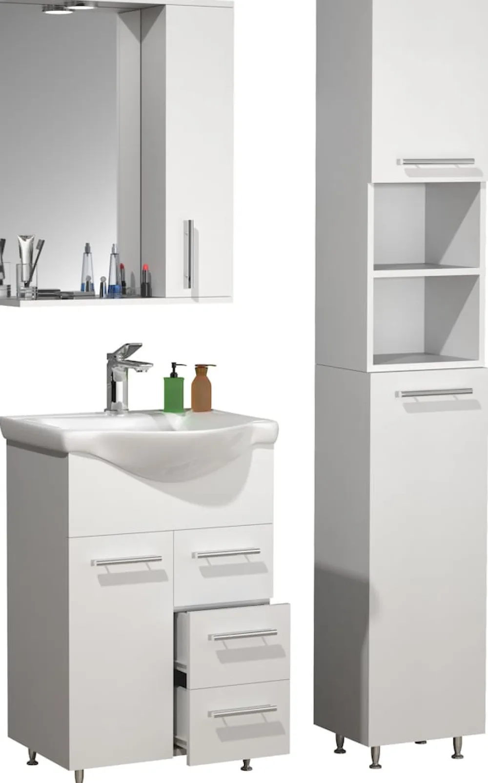 VCM 4-tlg. Waschplatz | Waschtisch Unterschrank 55 cm | Badmöbel Set mit Waschbecken Hochschrank Spiegelschrank | Schublade | Komplettset Lisalo L weiß Clearance