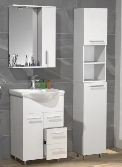VCM 4-tlg. Waschplatz | Waschtisch Unterschrank 55 cm | Badmöbel Set mit Waschbecken Hochschrank Spiegelschrank | Schublade | Komplettset Lisalo L weiß Clearance