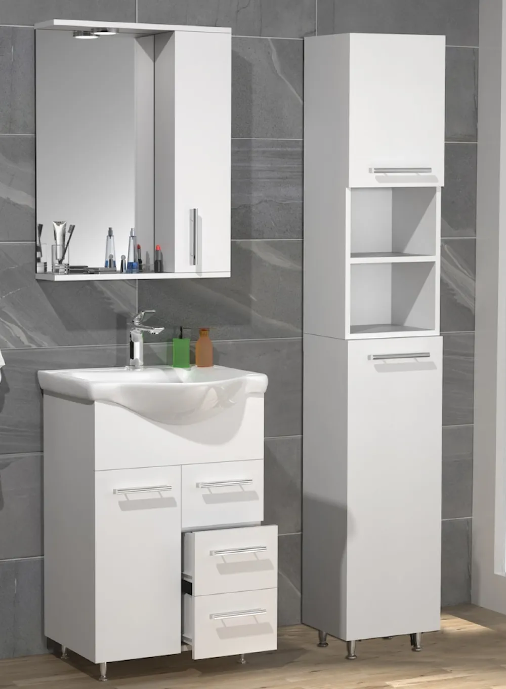 VCM 4-tlg. Waschplatz | Waschtisch Unterschrank 55 cm | Badmöbel Set mit Waschbecken Hochschrank Spiegelschrank | Schublade | Komplettset Lisalo L weiß Clearance