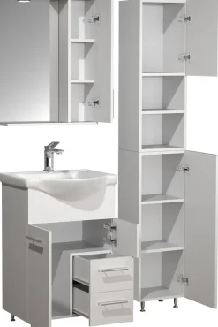 VCM 4-tlg. Waschplatz | Waschtisch Unterschrank 55 cm | Badmöbel Set mit Waschbecken Hochschrank Spiegelschrank | Schublade | Komplettset Lisalo L weiß Clearance