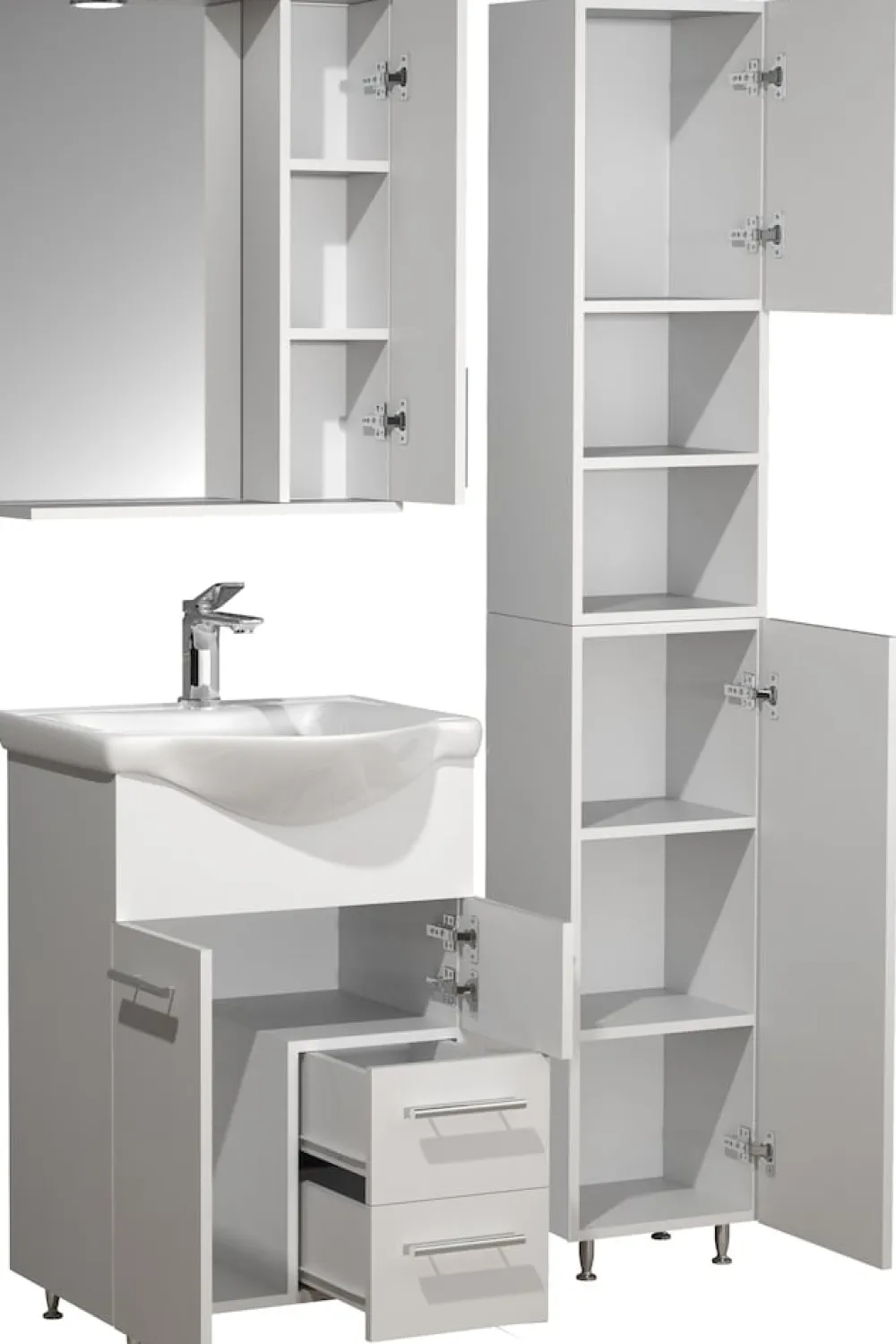 VCM 4-tlg. Waschplatz | Waschtisch Unterschrank 55 cm | Badmöbel Set mit Waschbecken Hochschrank Spiegelschrank | Schublade | Komplettset Lisalo L weiß Clearance