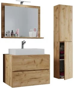 4-tlg. Waschplatz Waschtisch | Waschbecken Unterschrank Breite 60 cm | Badmöbel Set mit Schubladen Drehtüren Spiegel | Lendas L ^ VCM Outlet