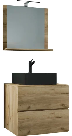 VCM 3-tlg. Waschplatz Waschtisch | schwarzes Waschbecken Unterschrank Breite 60 cm |  Badmöbel Set mit Schubladen Spiegel | Lendas S BL Honig-Eiche Sale