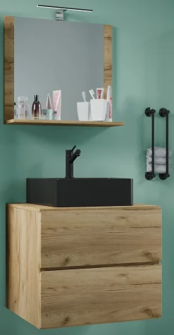 VCM 3-tlg. Waschplatz Waschtisch | schwarzes Waschbecken Unterschrank Breite 60 cm |  Badmöbel Set mit Schubladen Spiegel | Lendas S BL Honig-Eiche Sale