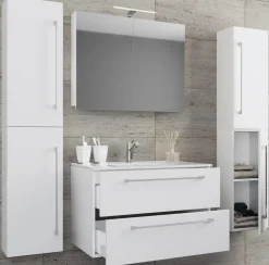 5-tlg. Waschplatz Waschtisch | Waschbecken Unterschrank Breite 80 cm | Badmöbel Set mit Schubladen Drehtüren Spiegelschrank | Badinos ^ VCM Hot