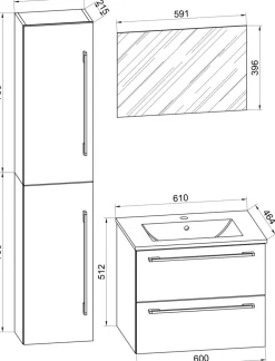 4-tlg. Waschplatz Waschtisch | Waschbecken Unterschrank Breite 60 cm | Badmöbel Set mit Schubladen Drehtüren Spiegel | Badinos ^ VCM Clearance