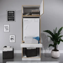 Waschmaschinenschrank mit Unterschrank, Waschmaschinenumbau mit Stauraum hinter einer Klappe und einer Schublade, Maße: Überbauschrank H. 200 x B. 67 x T. 68 cm, Rislo OP XXL ^ VCM Hot