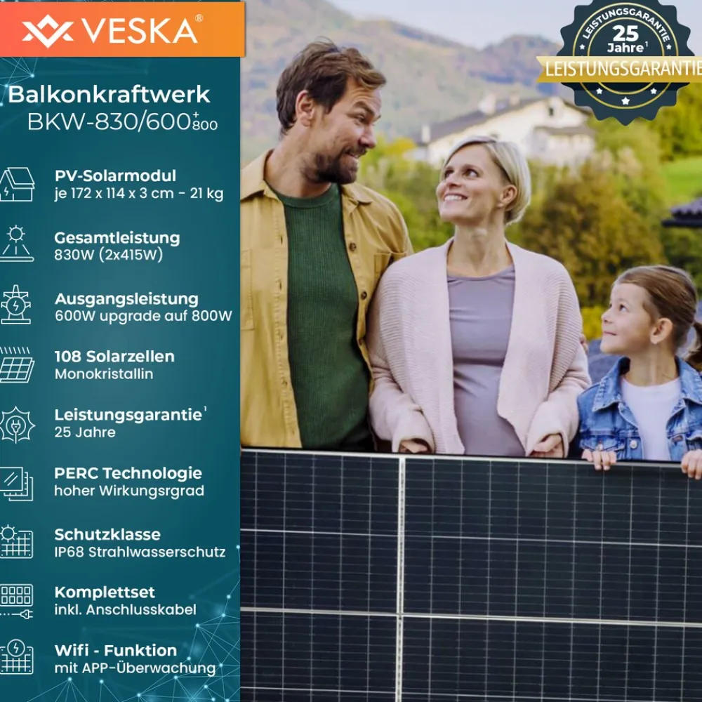 Veska ® Balkonkraftwerk 830W/600 mit Upgradefunktion auf 800W und 1,6 kWh Batteriespeicher Sale