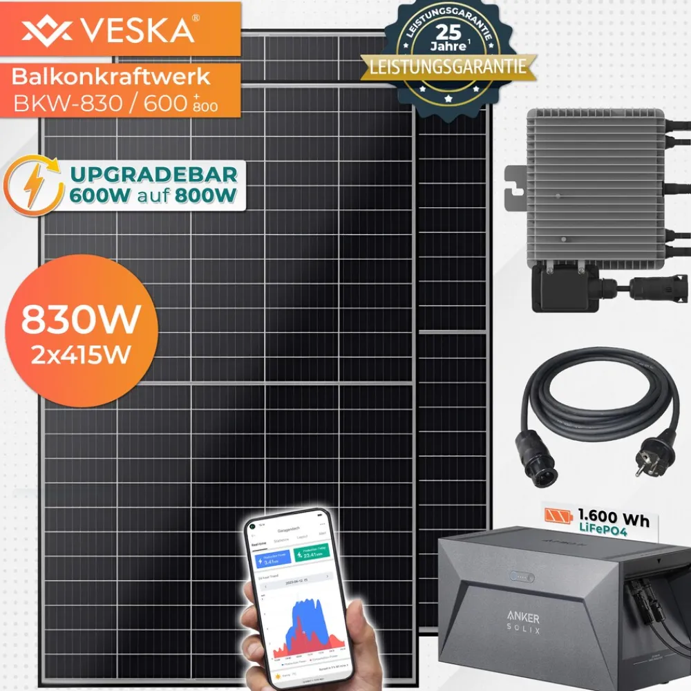 Veska ® Balkonkraftwerk 830W/600 mit Upgradefunktion auf 800W und 1,6 kWh Batteriespeicher Sale
