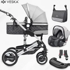 Veska ® 3 in 1 Kombi-Kinderwagen Buggy Reisebuggy inkl. Auto- Babyschale Jogger Faltbar - silber - anthrazit/grau