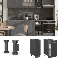 Apothekerunterschrank R-Line Schwarz Beton Anthrazit 30 cm mit Arbeitsplatte Eiche ^ Vicco Outlet