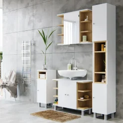 Meuble Vicco Badmöbel Set Aquis Bad Spiegel Waschtischunterschrank Badschrank  Weiß Outlet