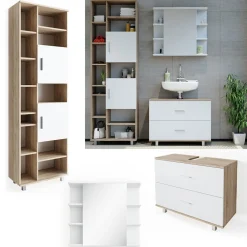 Badmöbel Set ILIAS Weiß Eiche Spiegel Kommode Unterschrank Badschrank ^ Vicco