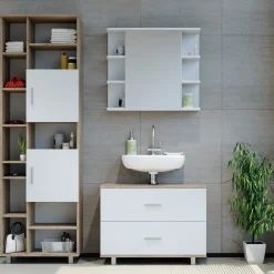 Badmöbel Set ILIAS Weiß Eiche Spiegel Kommode Unterschrank Badschrank ^ Vicco