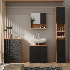 Badmöbel-Set Irma Eiche Anthrazit 4-teilig Hochschrank Kommode ^ Vicco Discount