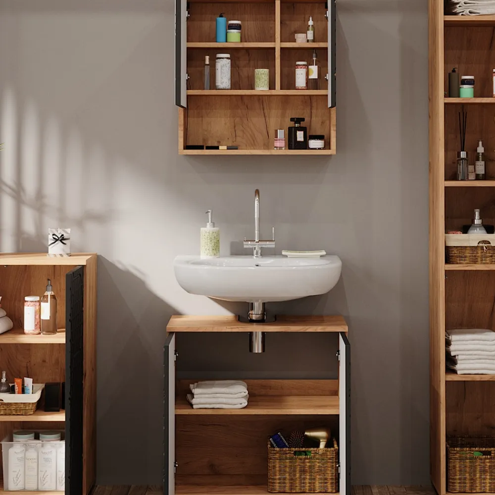 Badmöbel-Set Irma Eiche Anthrazit 4-teilig Hochschrank Kommode ^ Vicco Discount